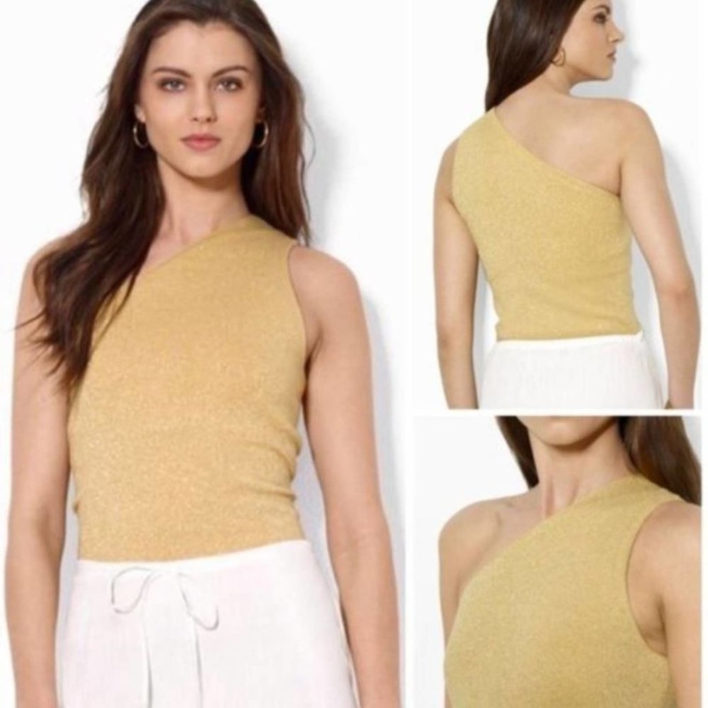 Ralph Lauren One-Shoulder Metallic Gold Knit Tank